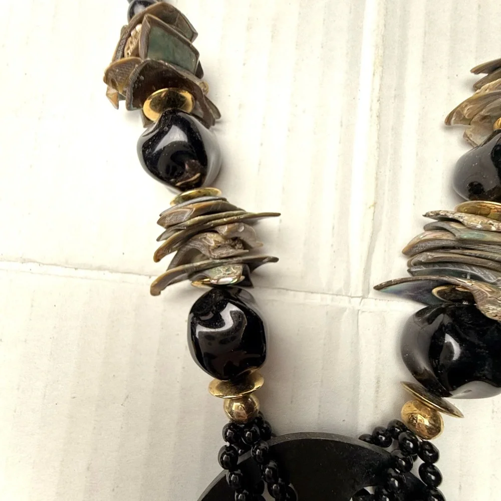 Handmade Abalone Shell Pendant‎ Necklace Black Beaded Beads 24” Beachy Boho